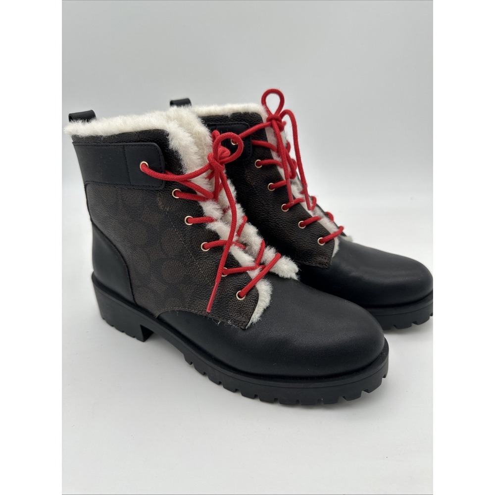 COACH Size 7.5B Women's Boot Black Mahogany Coated Cotton Signature C LORRAINE